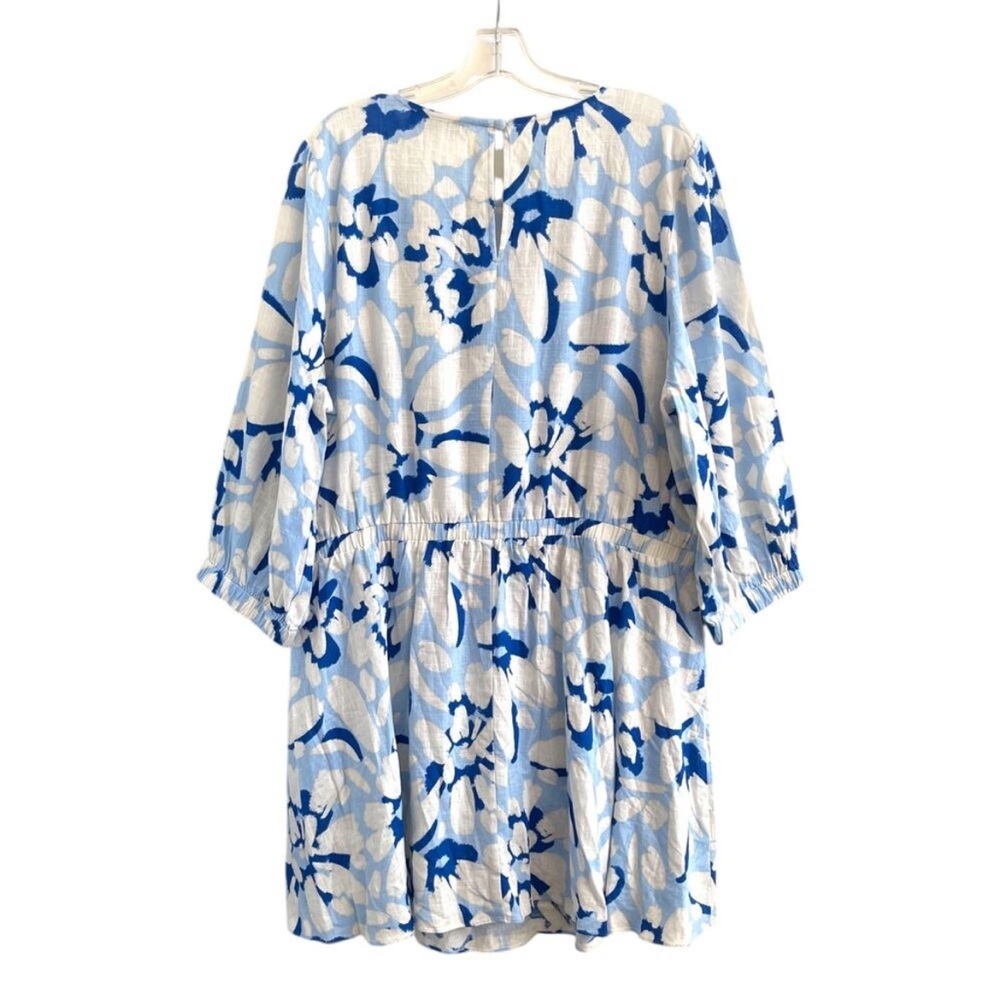 Loft XL Linen Blend Dress Blue Floral A-Line Vacation SPRING WEDDING GUEST DRESS - Picture 4 of 12